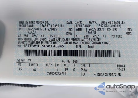 2025 Ford F-150 Xl z USA, uszkodzony, nr VIN 1FTEW1LPXSKE43945